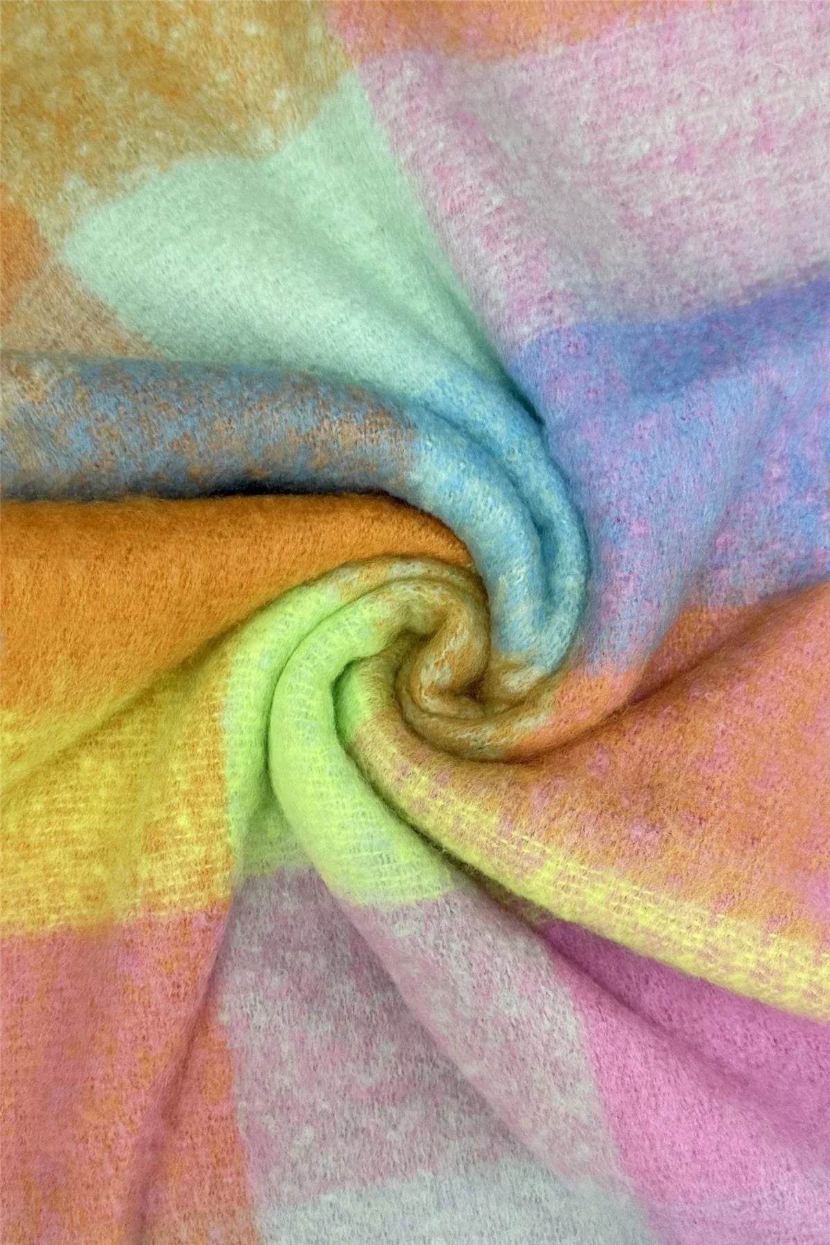 Multi Check Print Wool Tassel Scarf in Pink