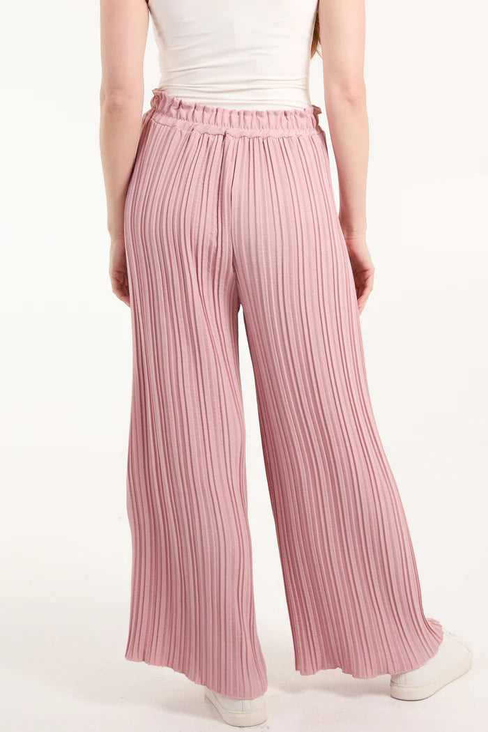 Wide Leg Plisse Drawstring Trousers in Blush