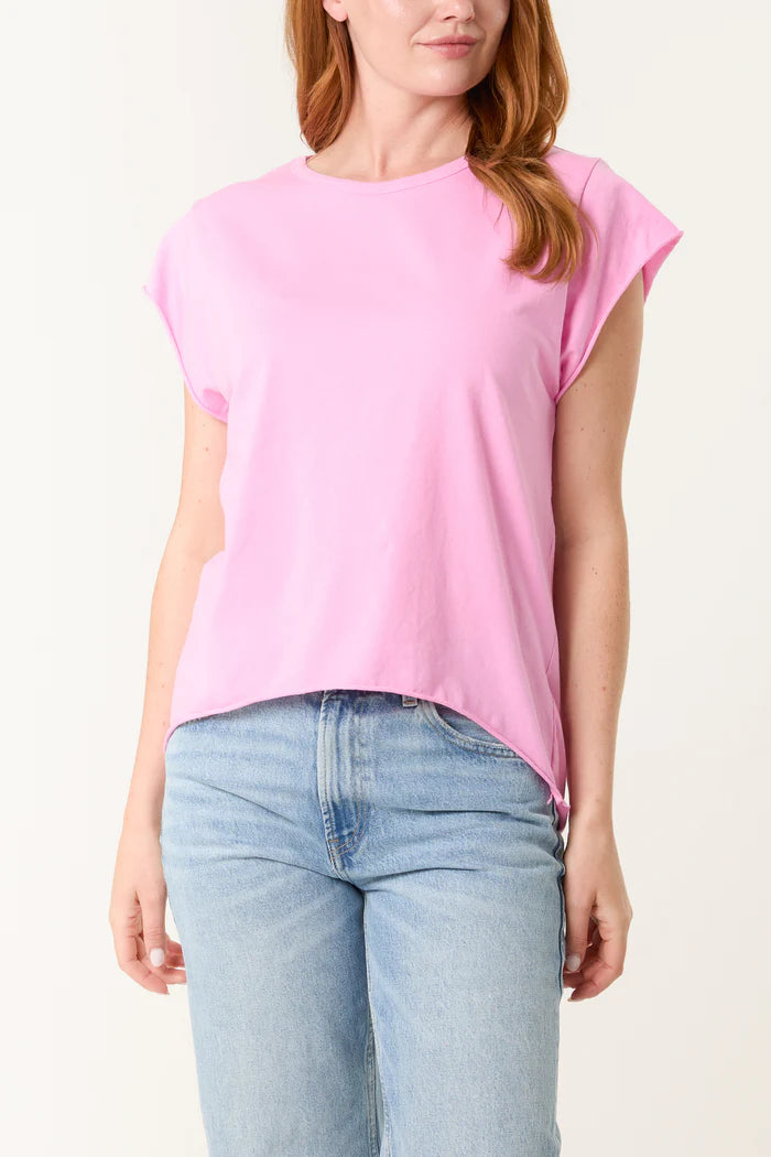 Cap Sleeve High Low Cotton T-Shirt in Pink
