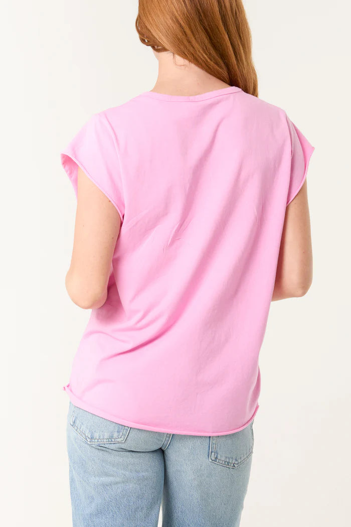 Cap Sleeve High Low Cotton T-Shirt in Pink