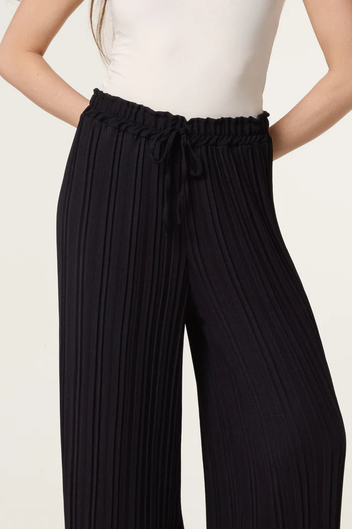 Black Wide Leg Plisse Drawstring Trousers