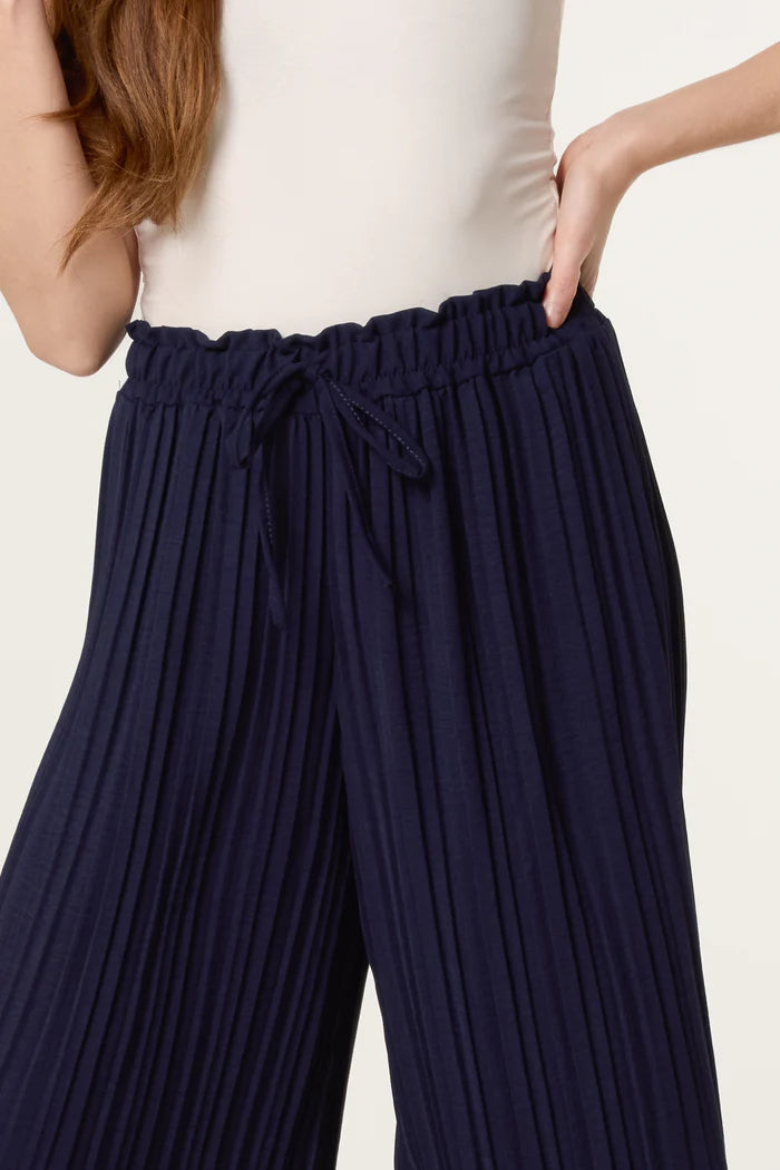 Navy Wide Leg Plisse Drawstring Trousers