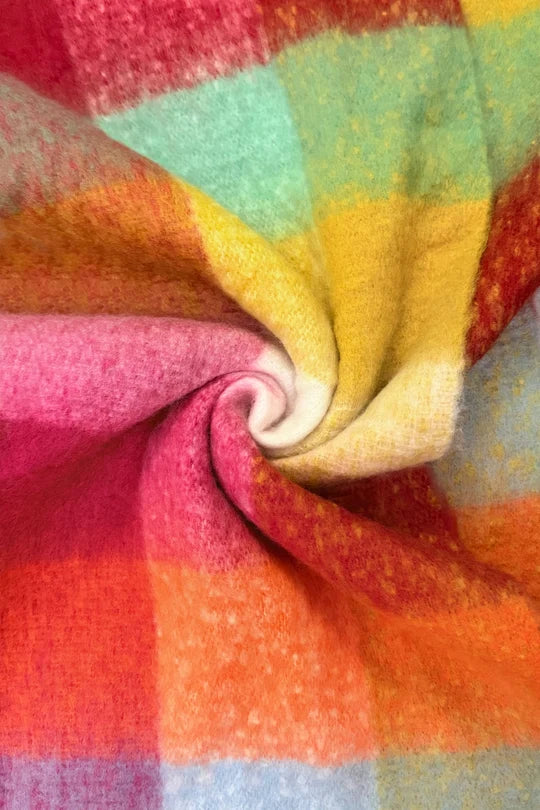 Rainbow Candy Plaid Check Chunky Tassel Scarf