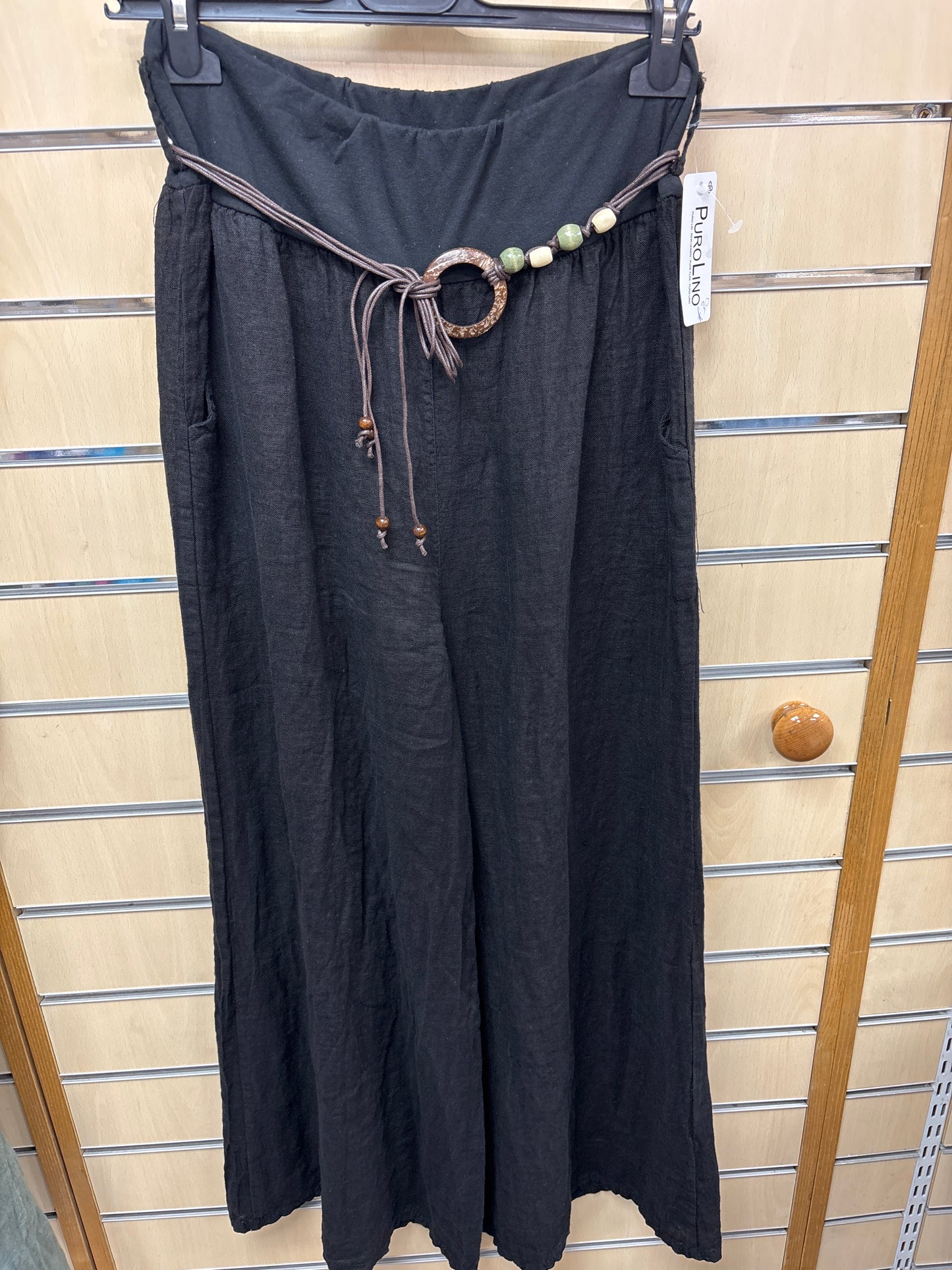 Belted Linen Trousers in Black