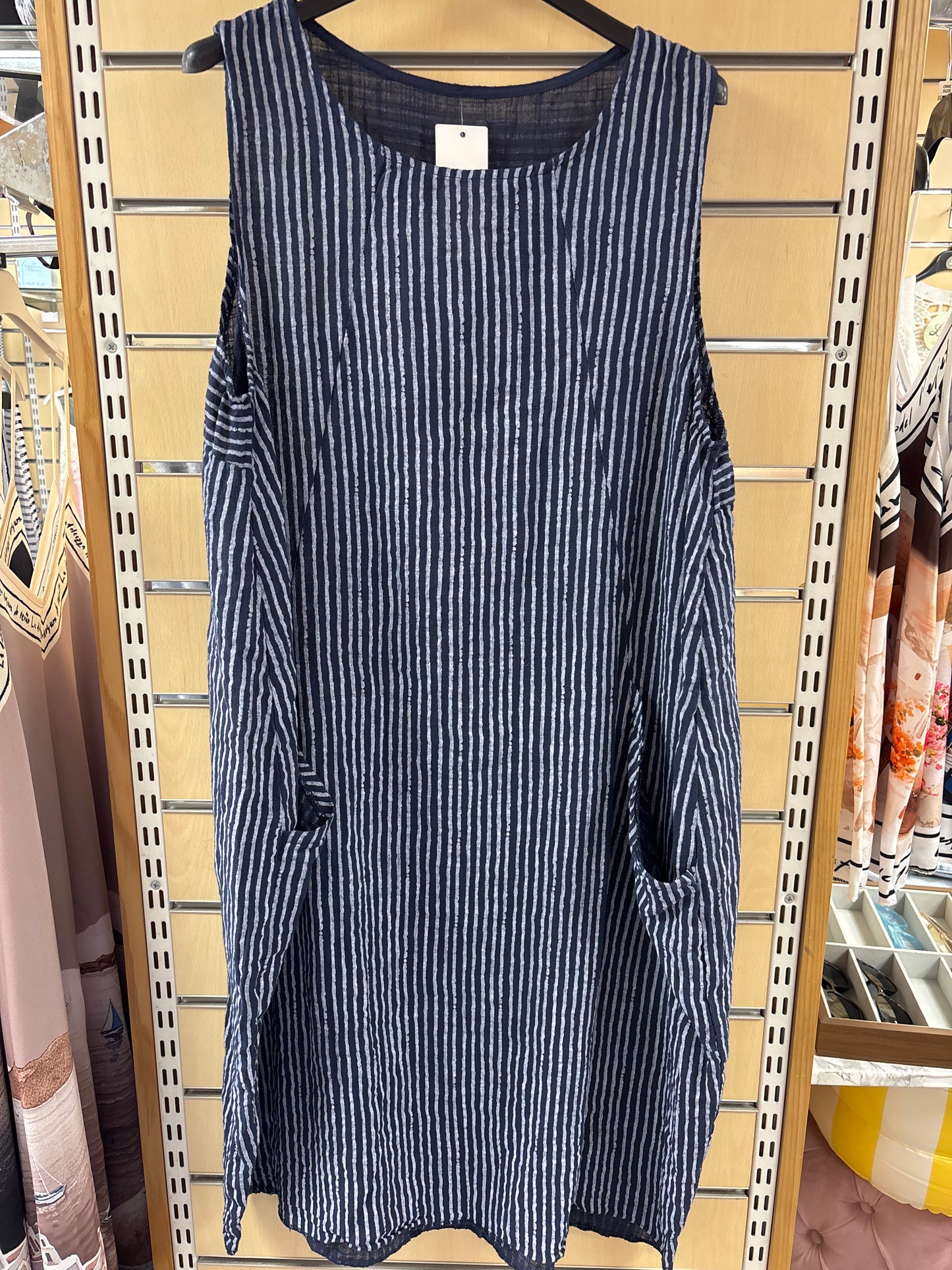 Striped Cotton Dress with Pockets in Navy