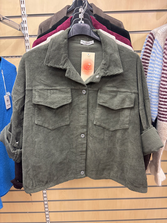 Cropped Cord Jacket with Buttons in Khaki