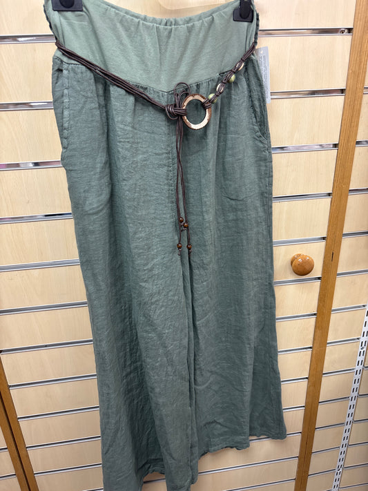 Belted Linen Trousers in Khaki