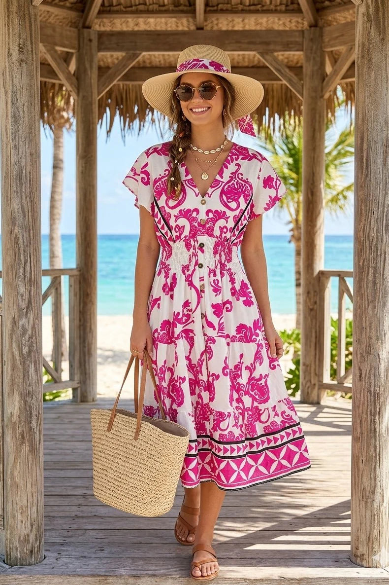 Printed V Neck Button Dress in Pink