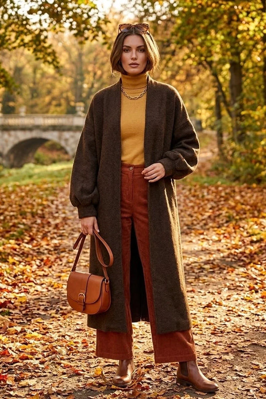 Textured Wool Style Longline Cardigan in Brown