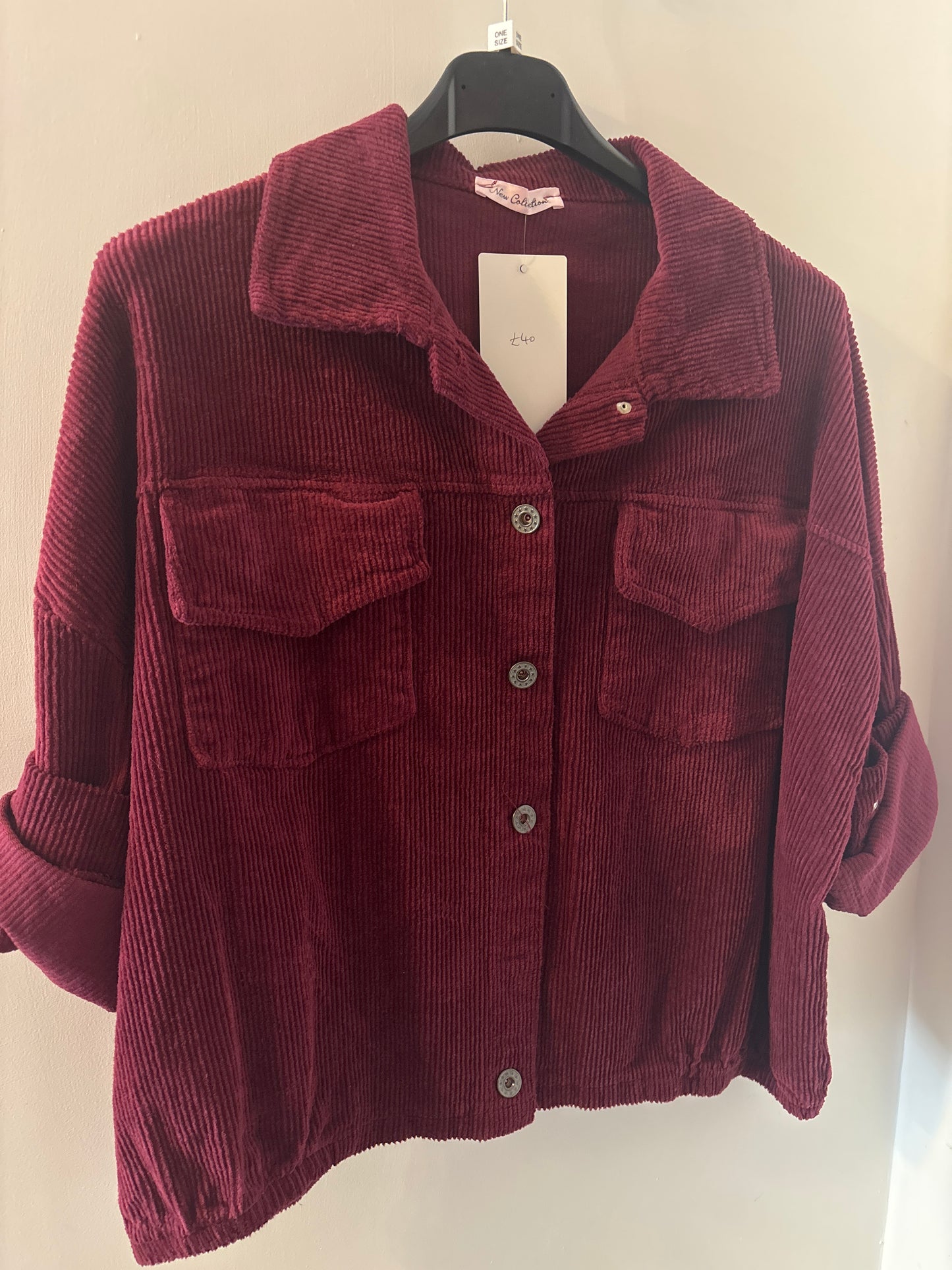 Cropped Cord Jacket with Buttons in Burgundy