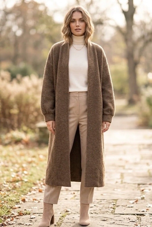Textured Wool Style Longline Cardigan in Taupe