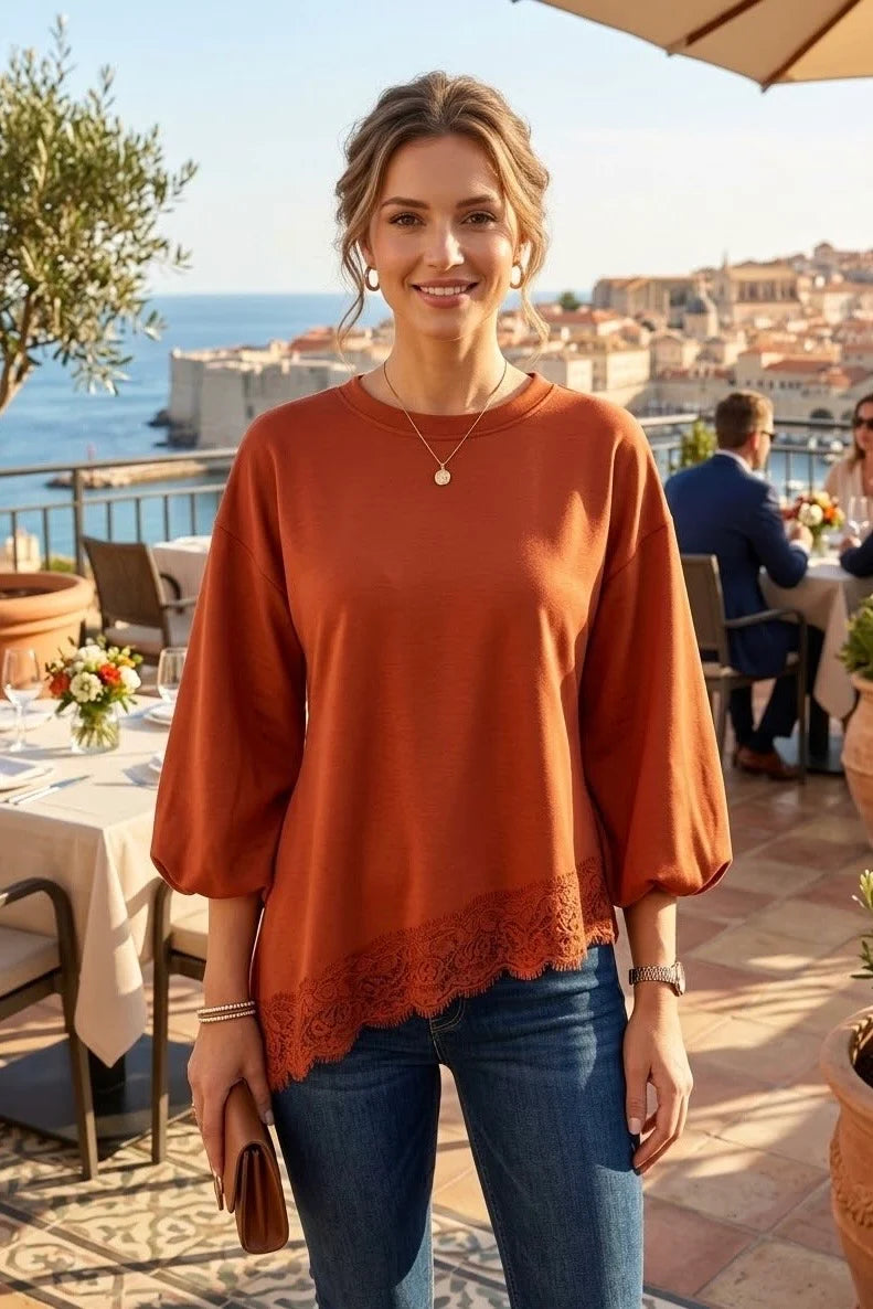 Asymmetrical Lace Trim Balloon Sleeve Top in Rust