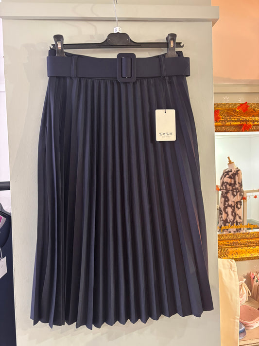 Belted Pleated Skirt in Navy