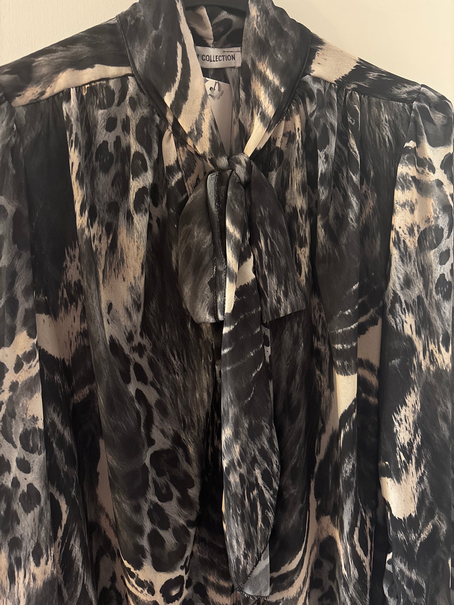 Animal Print Pussy Bow Shirt in Grey