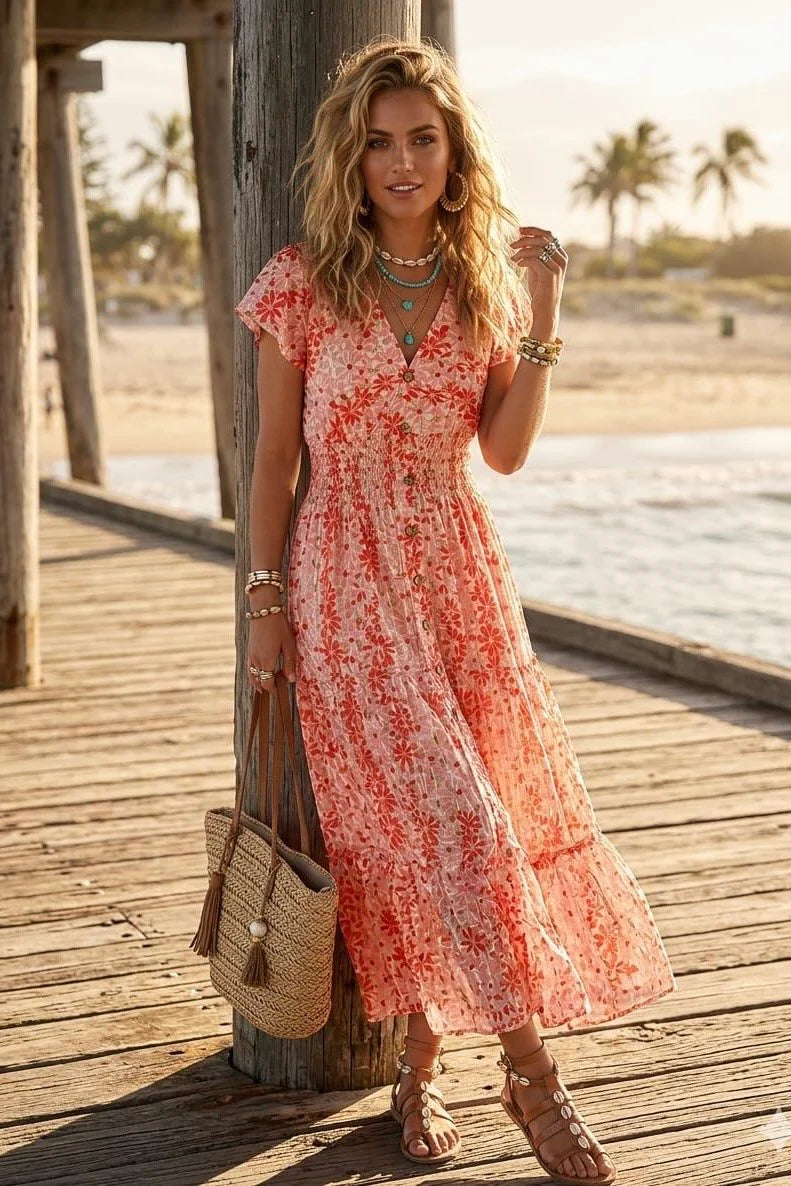 Floral V Neck Button Dress in Coral