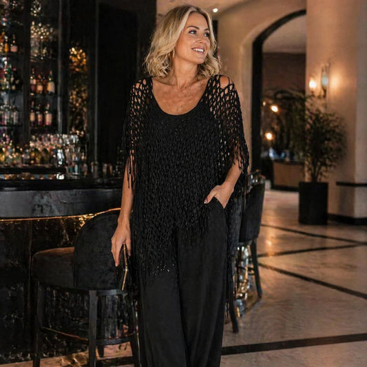 Summer Metallic Crochet Cover-Up in Black – One size fits all UK 8–24