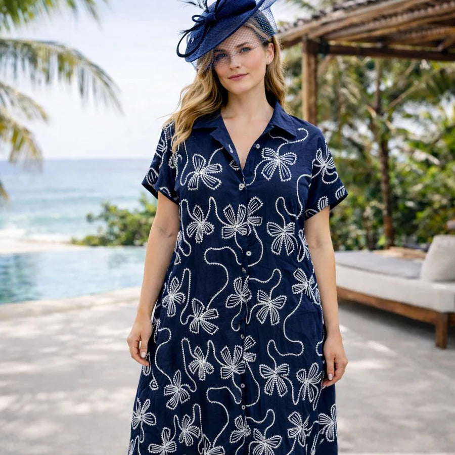 Breathable Cotton Silk Blend Premium Embroidered Summer Dress in Navy | One size UK 12–22