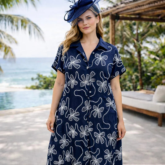 Breathable Cotton Silk Blend Premium Embroidered Summer Dress in Navy | One size UK 12–22