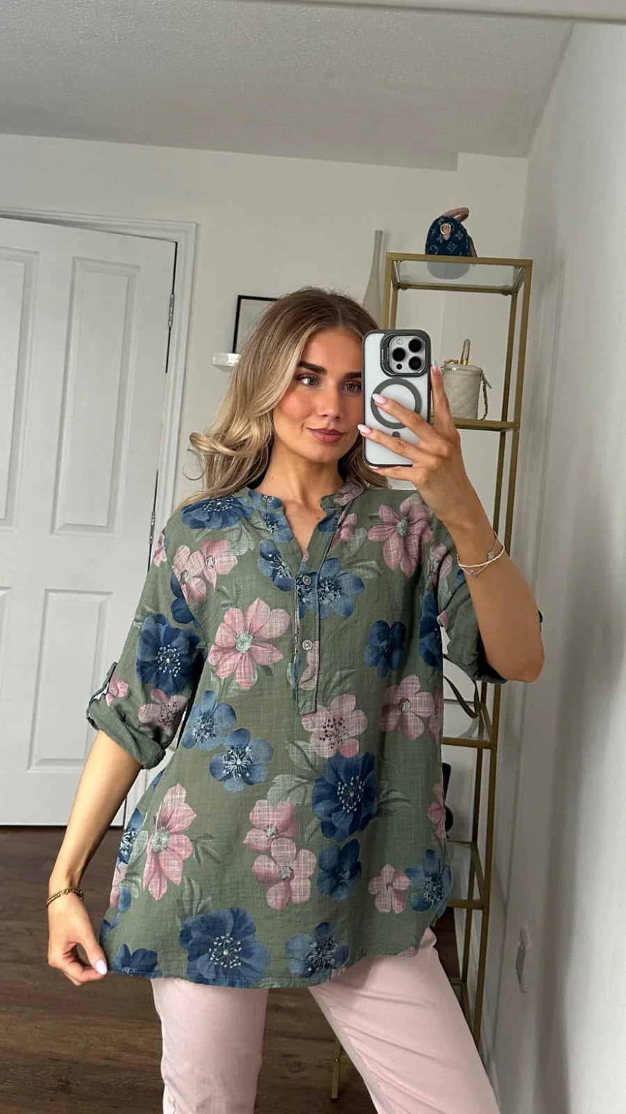 Floral Print Roll-Tab Tunic Shirt - Khaki