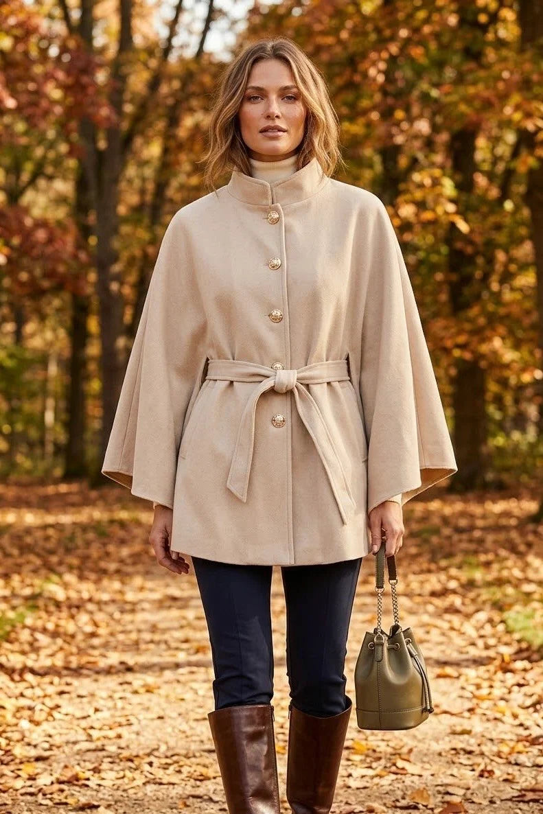 Suede Style Belted Gold Button Cape in Beige