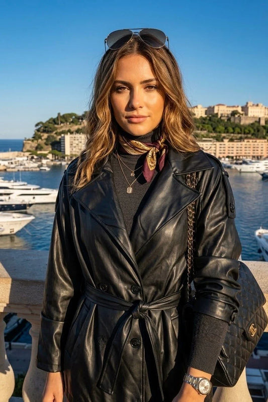Belted Double Breasted Leather Look Jacket in Black