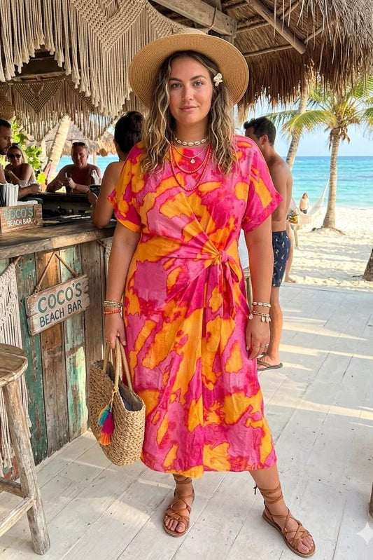 Tie Dye Front Knot Dress in Pink