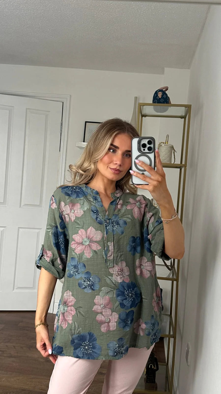 Floral Print Roll-Tab Tunic Shirt - Khaki