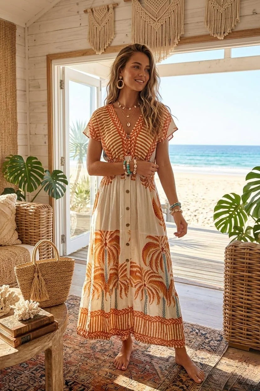 Palm Tree Print Button Detail Maxi in Orange