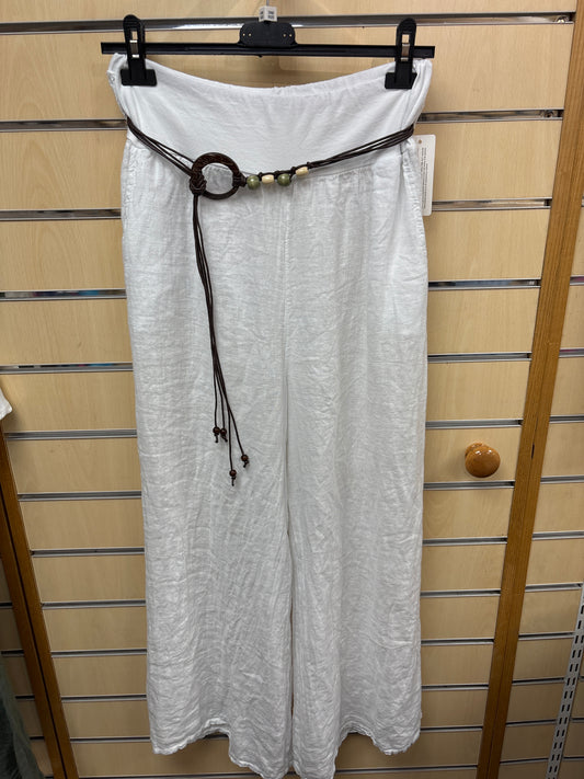 Belted Linen Trousers in White