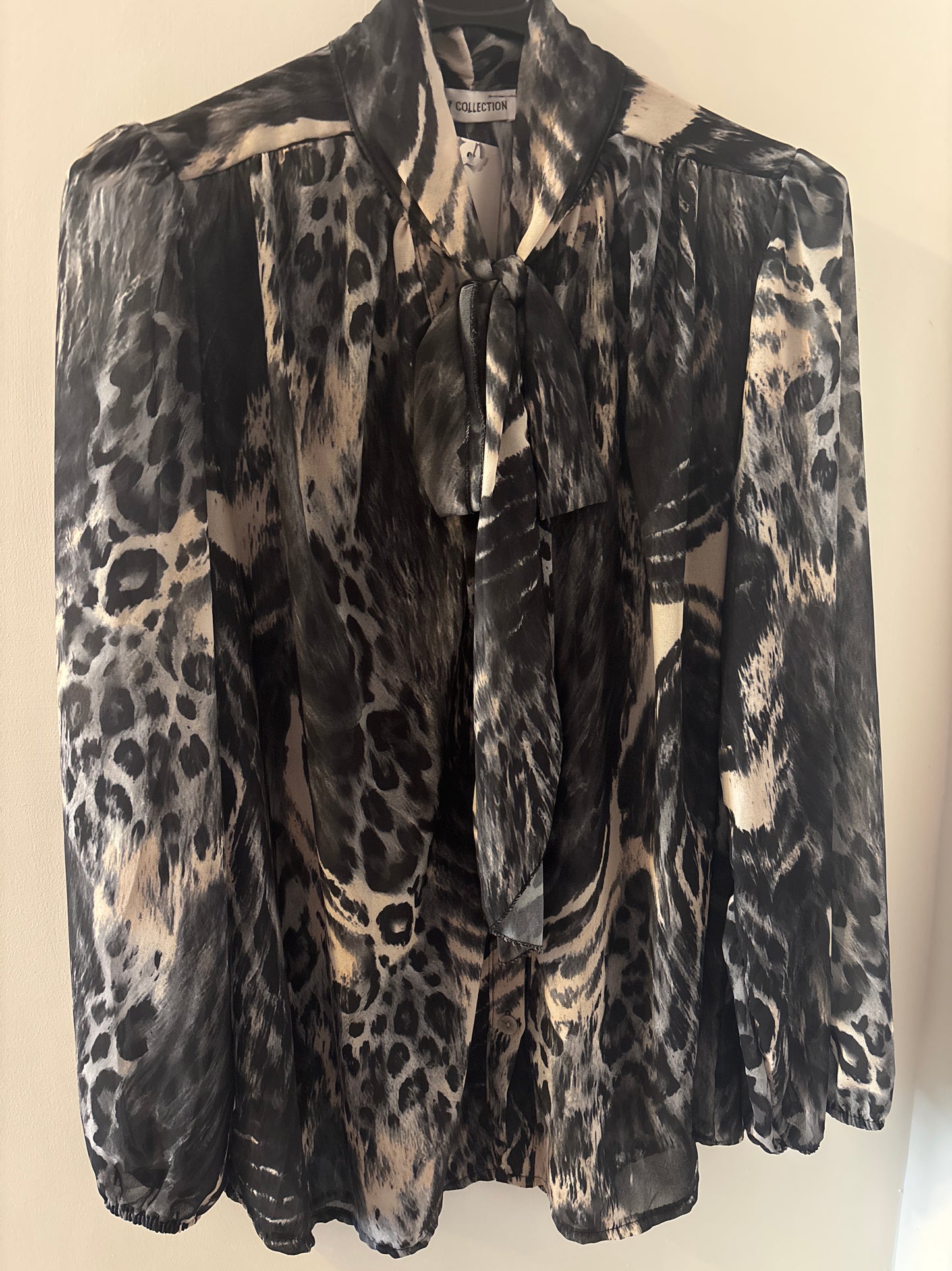 Animal Print Pussy Bow Shirt in Grey