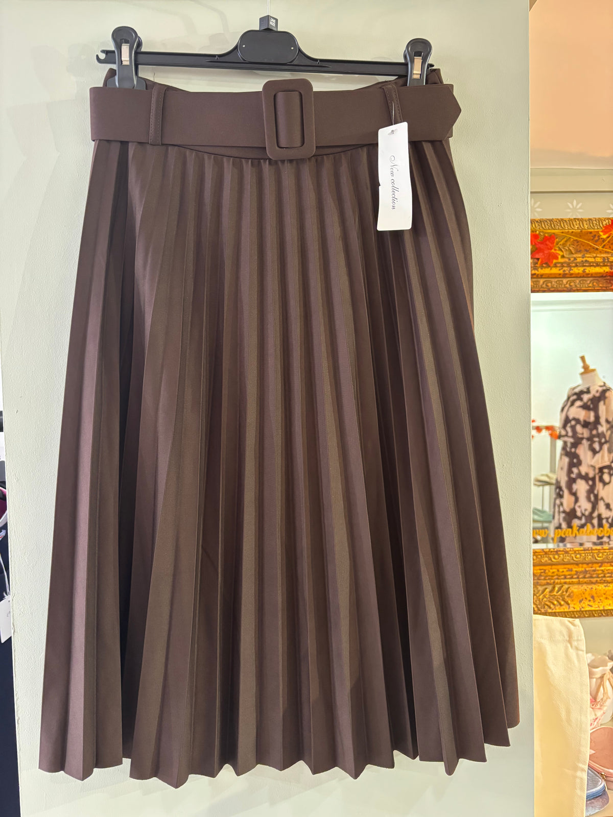 Belted Pleated Skirt in Brown