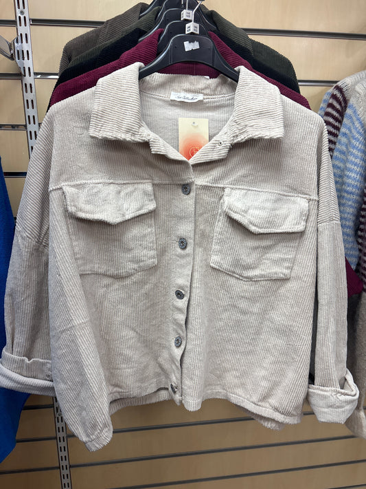Cropped Cord Jacket with Buttons in Beige