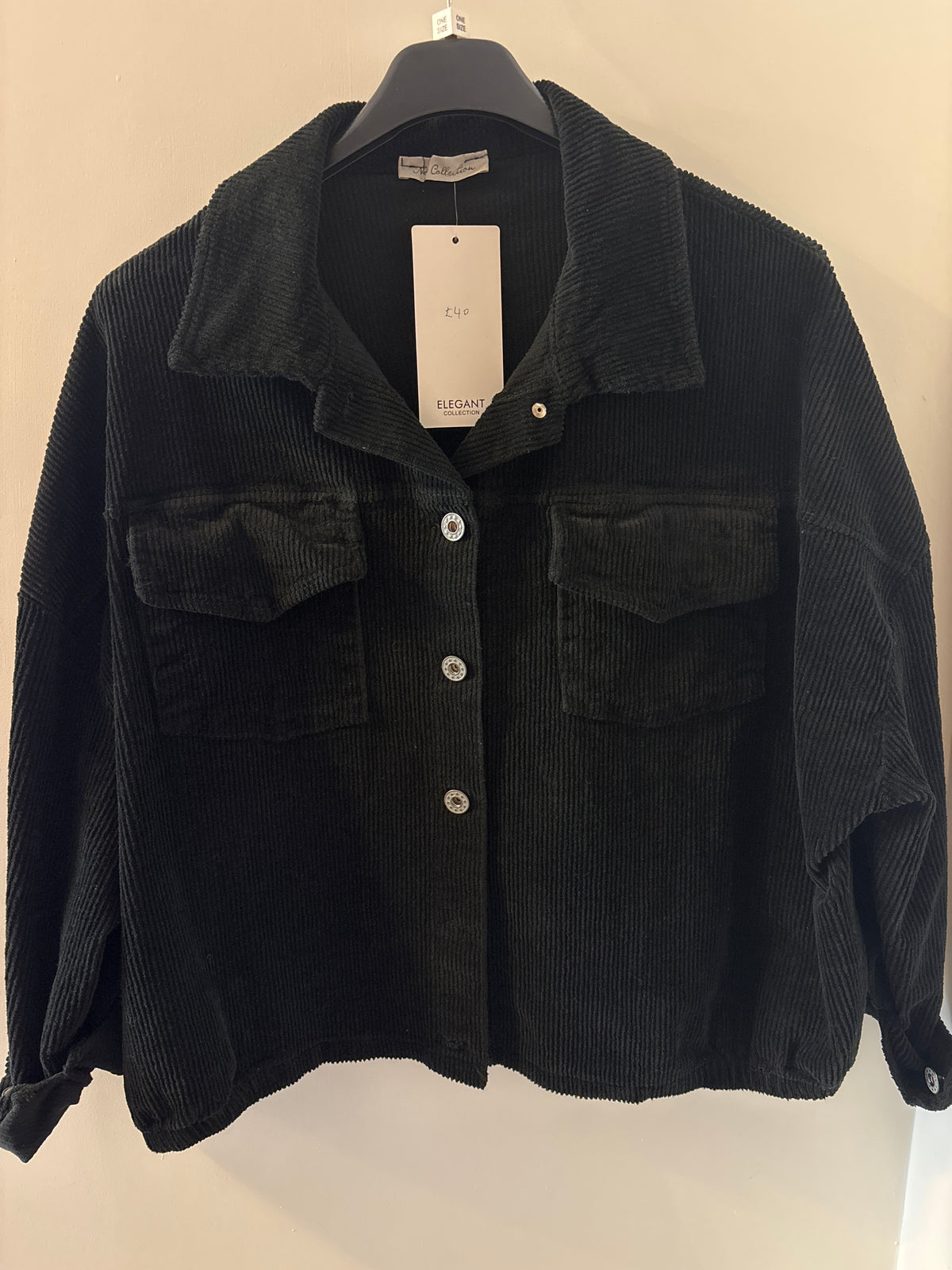 Cropped Cord Jacket with Buttons in Black