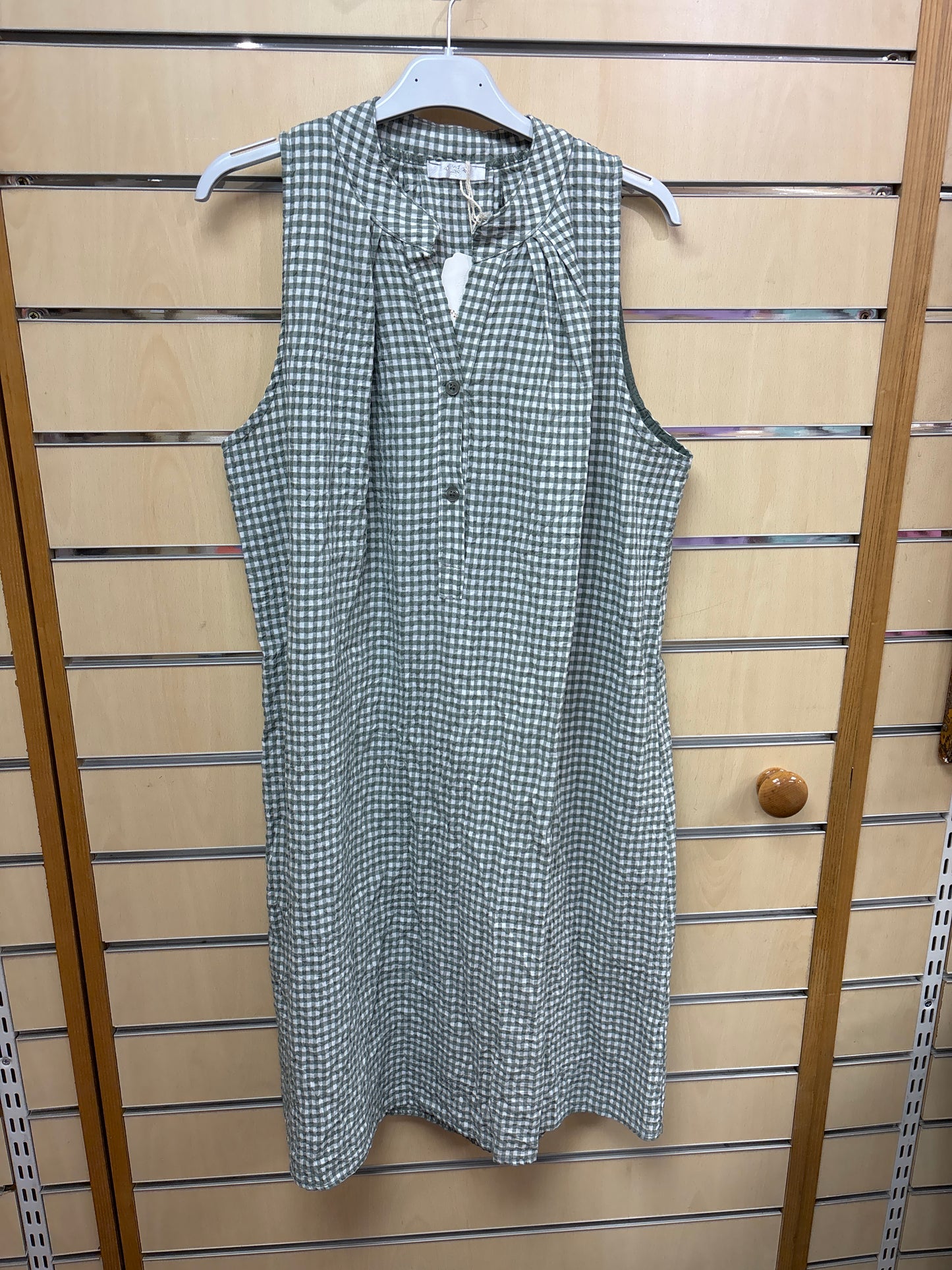 Button Gingham Strappy Dress in Khaki