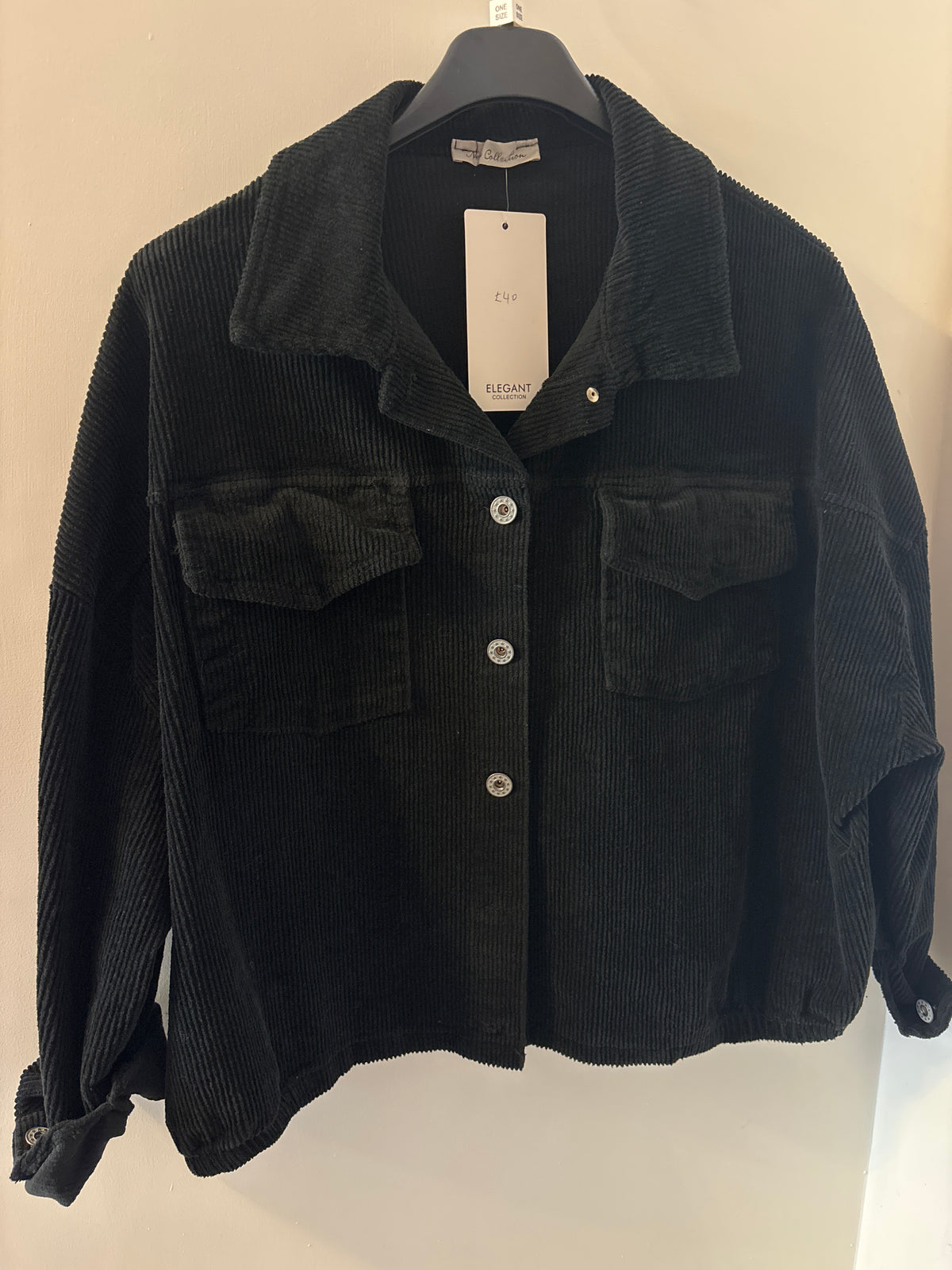 Cropped Cord Jacket with Buttons in Black