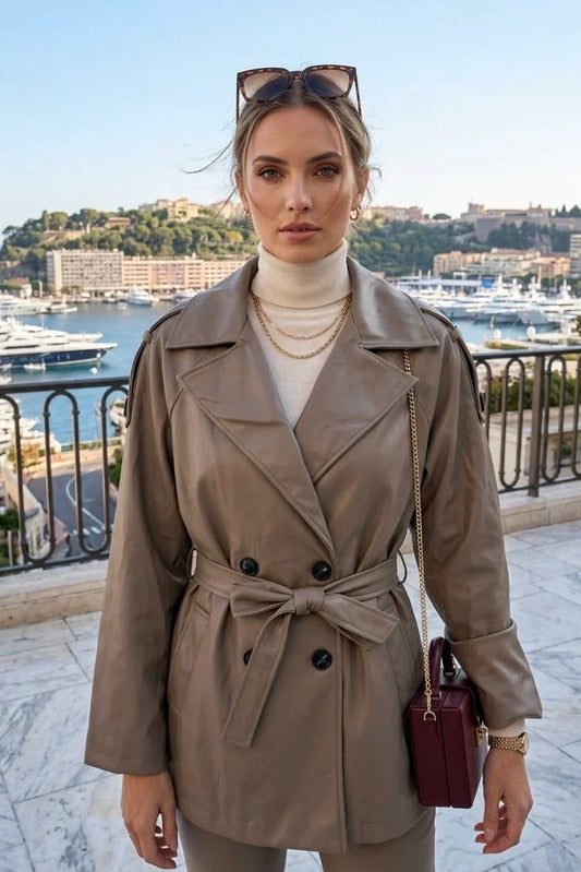 Belted Double Breasted Leather Look Jacket in Taupe
