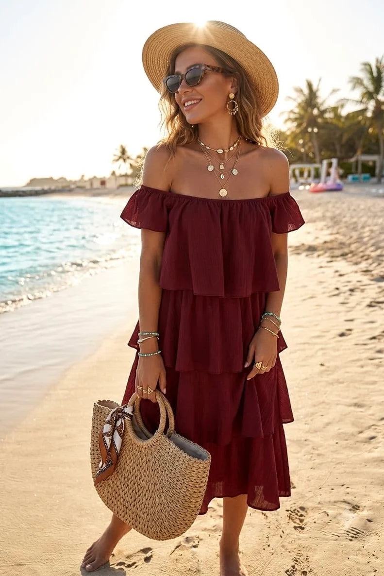 Square Neck Tiered Midi Dress in Wine
