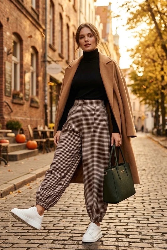 Check Cuff Detail Trousers in Brown