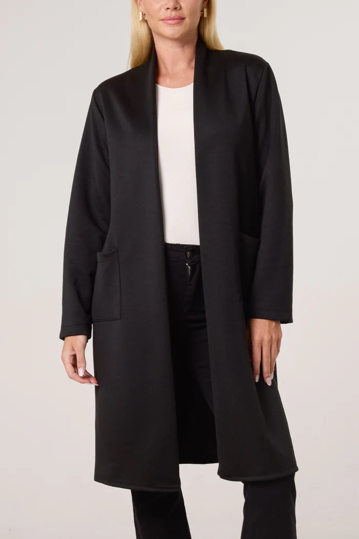 Soft Touch Longline Open Jacket with Pockets in Black