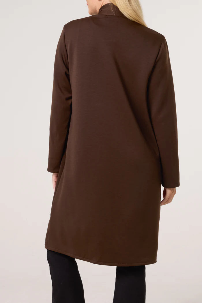 Soft Touch Longline Open Jacket with Pockets in Chocolate