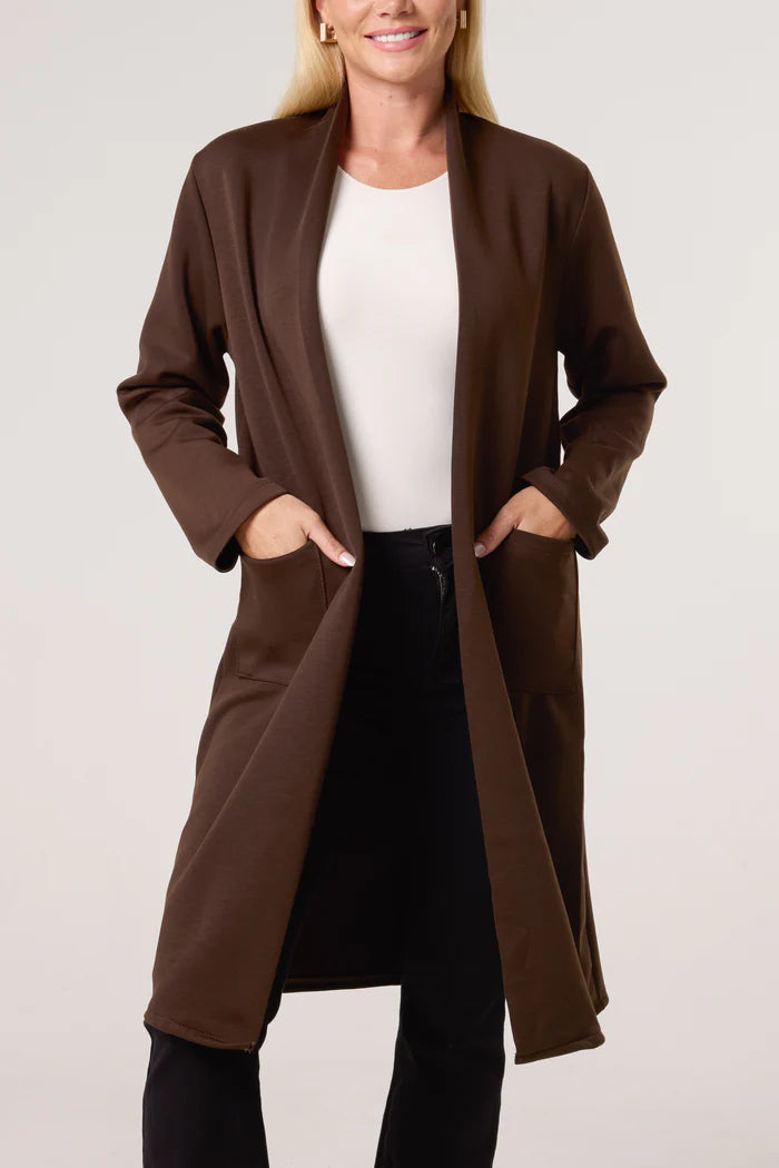 Soft Touch Longline Open Jacket with Pockets in Chocolate