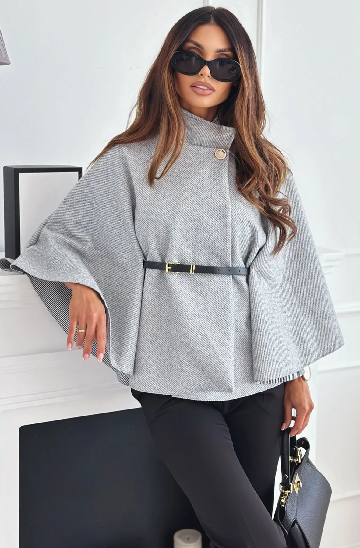 Gold Button Belted Cape in Grey