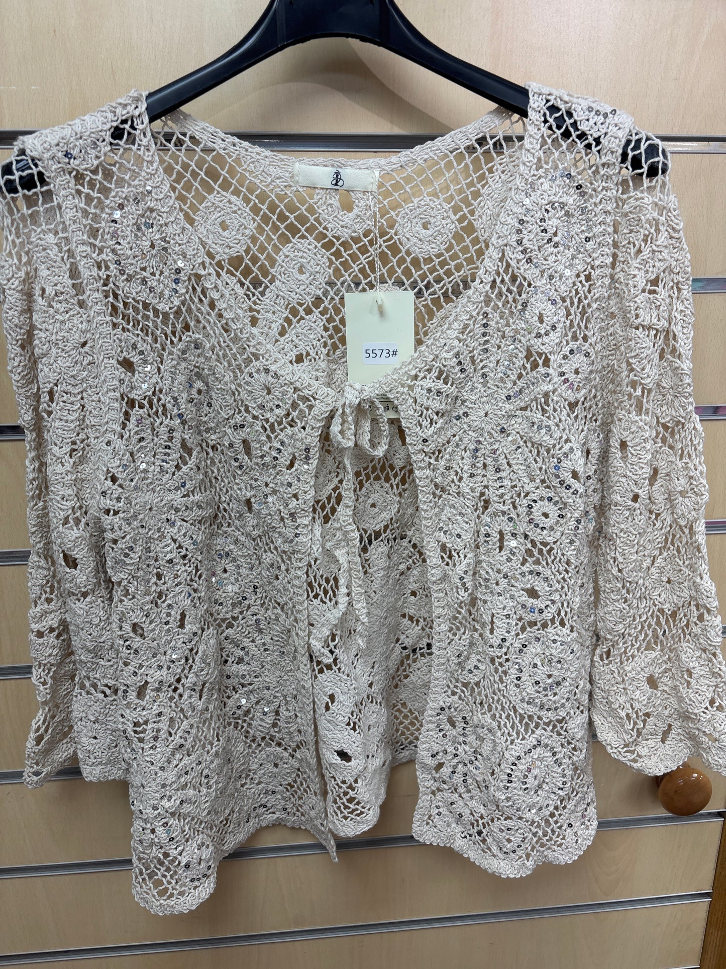 Crochet Sequin Cardigan in Beige