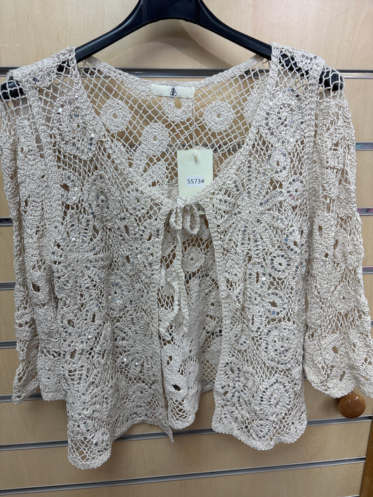 Crochet Sequin Cardigan in Beige