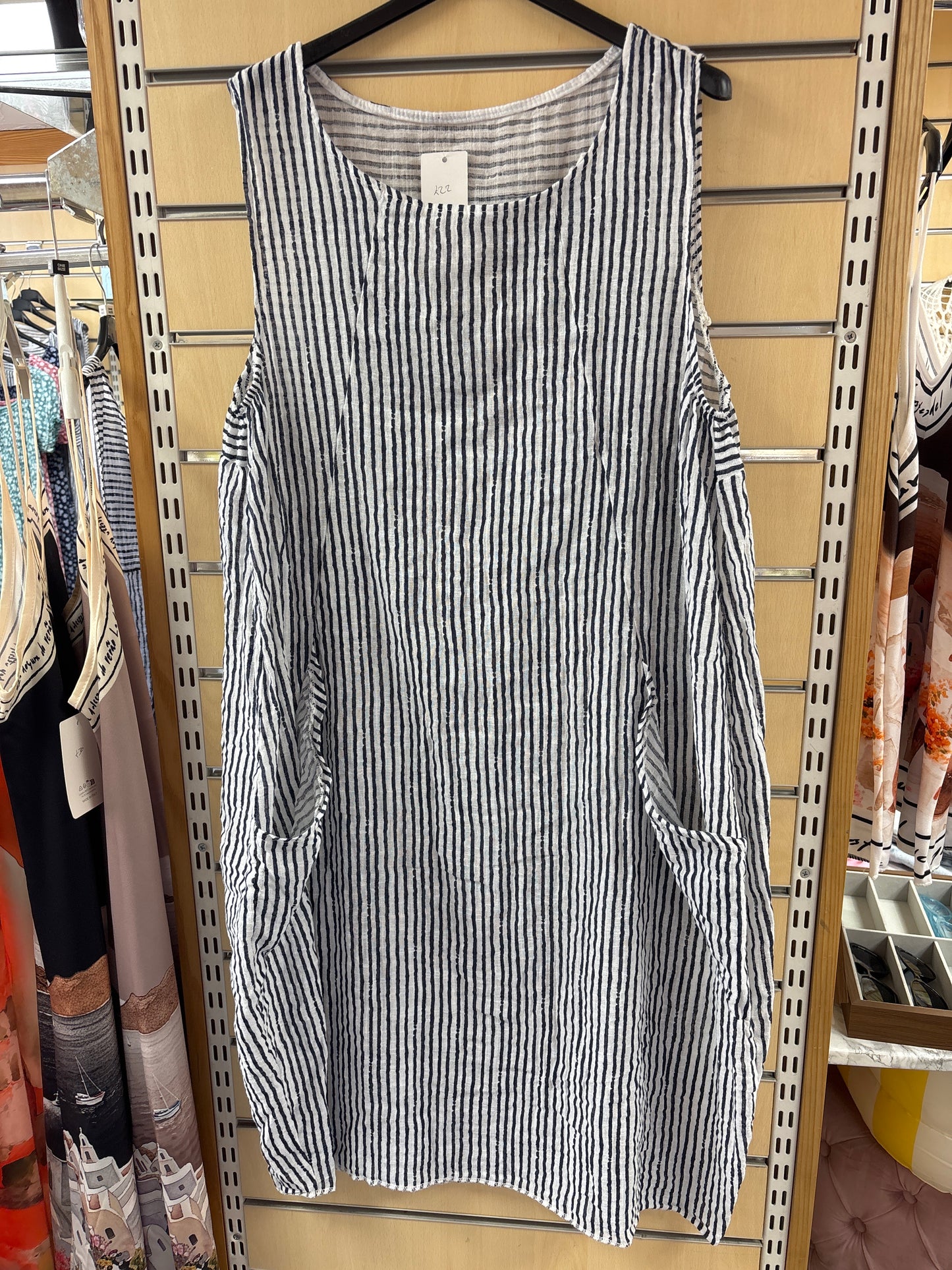 Striped Cotton Dress with Pockets in White