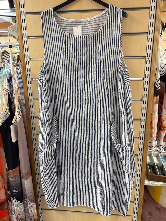 Striped Cotton Dress with Pockets in White