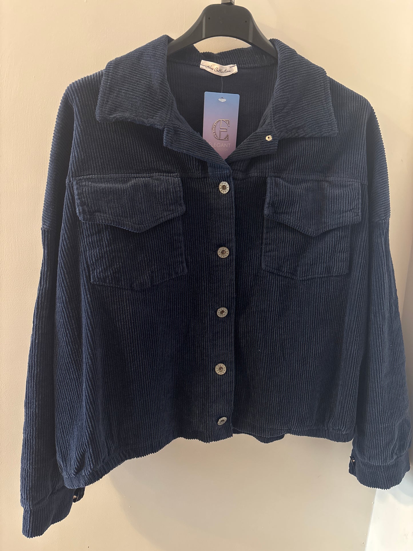 Cropped Cord Jacket with Buttons in Navy