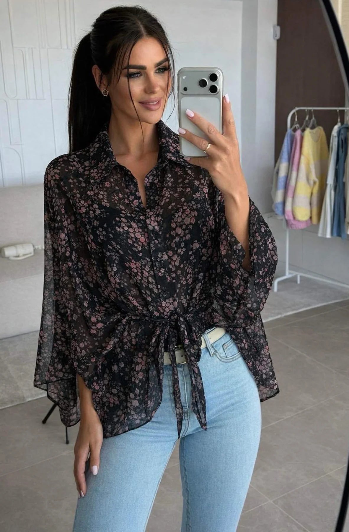 Floral Tie Front Oversized Blouse