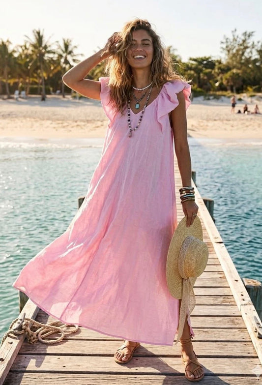 Frill Sleeve Maxi Dress in Pink