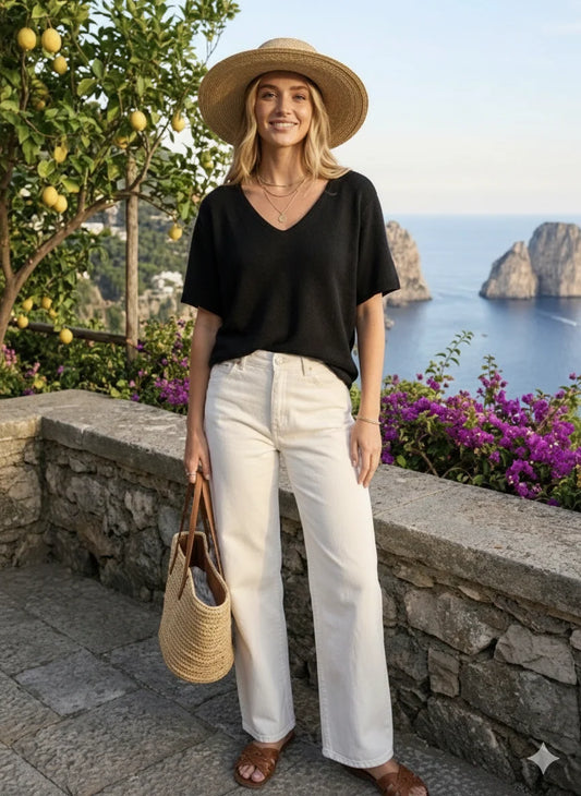 Cap Sleeve V Neck Jumper in Black